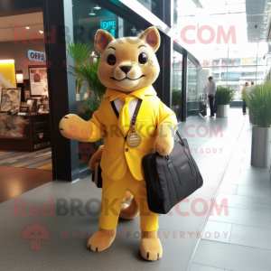 Yellow Jaguarundi mascot costume character dressed with a Suit and Tote bags