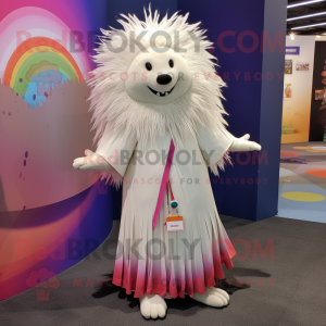 White Porcupine mascot costume character dressed with a A-Line Dress and Shawls