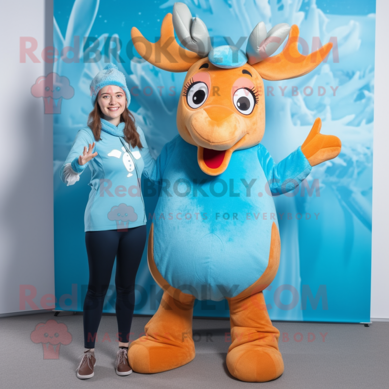 Sky Blue Elk mascot costume character dressed with a Mini Dress and Beanies