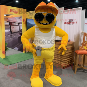 Gold Lobster Bisque mascot costume character dressed with a Cargo Pants and Sunglasses