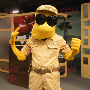 Gold Lobster Bisque mascot costume character dressed with a Cargo Pants and Sunglasses