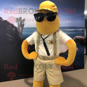 Gold Lobster Bisque mascot costume character dressed with a Cargo Pants and Sunglasses