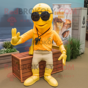 Gold Lobster Bisque mascot costume character dressed with a Cargo Pants and Sunglasses