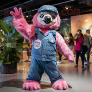 Pink Sloth mascot costume character dressed with a Denim Shirt and Mittens