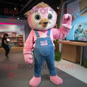Pink Sloth mascot costume character dressed with a Denim Shirt and Mittens