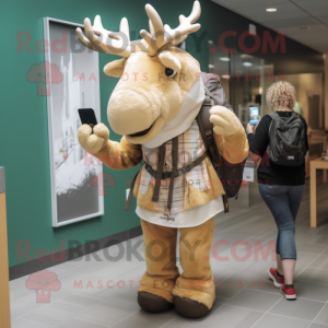 Beige Irish Elk mascot costume character dressed with a Jeggings and Backpacks