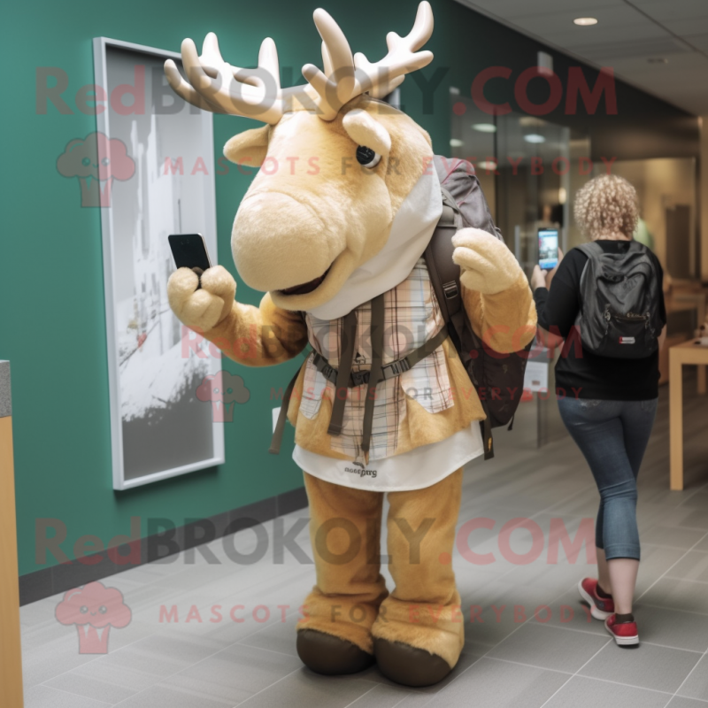 Beige Irish Elk mascot costume character dressed with a Jeggings and Backpacks Beige Irish Elk mascot costume character dressed with a Jeggings and Backpacks
