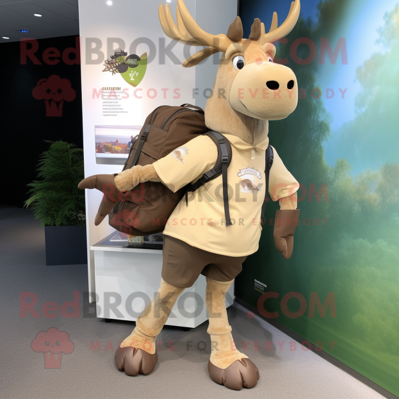 Beige Irish Elk mascot costume character dressed with a Jeggings and Backpacks