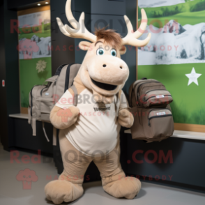 Beige Irish Elk mascot costume character dressed with a Jeggings and Backpacks
