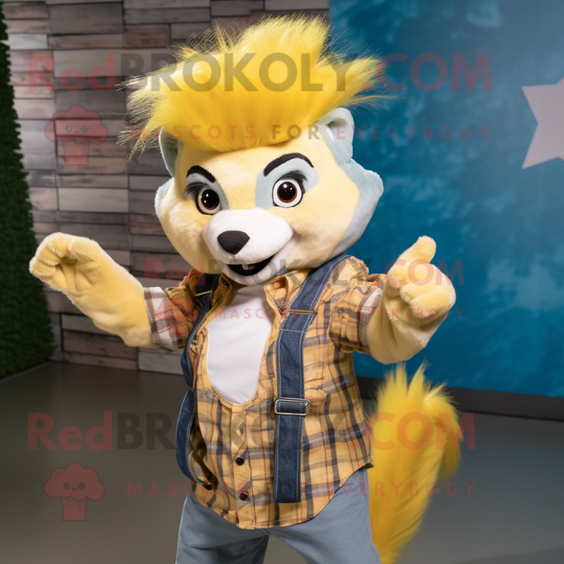 Yellow Skunk mascot costume character dressed with a Chambray Shirt and Headbands Yellow Skunk mascot costume character dressed with a Chambray Shirt and Headbands