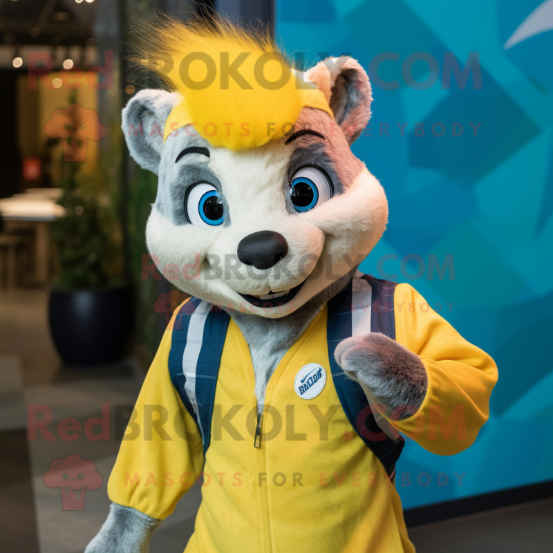 Yellow Skunk mascot costume character dressed with a Chambray Shirt and Headbands Yellow Skunk mascot costume character dressed with a Chambray Shirt and Headbands