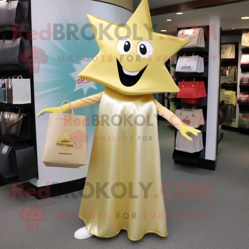 Gold Ray mascot costume character dressed with a Evening Gown and Tote bags