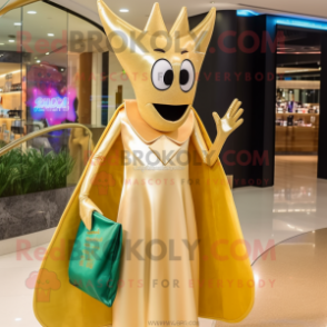 Gold Ray mascot costume character dressed with a Evening Gown and Tote bags