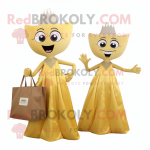 Gold Ray mascot costume character dressed with a Evening Gown and Tote bags