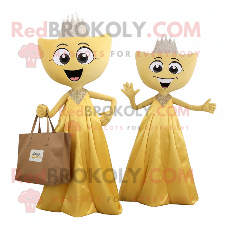 Gold Ray mascot costume character dressed with a Evening Gown and Tote bags