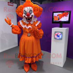 Orange Evil Clown mascot costume character dressed with a Wrap Skirt and Smartwatches