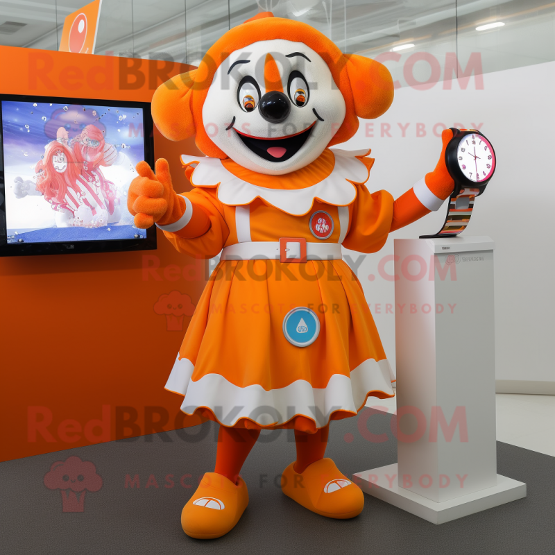 Orange Evil Clown mascot costume character dressed with a Wrap Skirt and Smartwatches