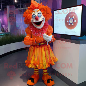 Orange Evil Clown mascot costume character dressed with a Wrap Skirt and Smartwatches