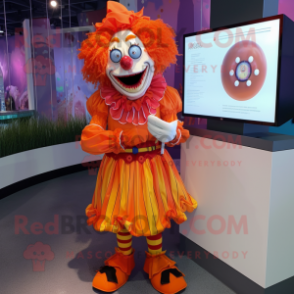 Orange Evil Clown mascot costume character dressed with a Wrap Skirt and Smartwatches