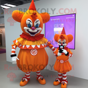 Orange Evil Clown mascot costume character dressed with a Wrap Skirt and Smartwatches