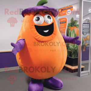 Orange Eggplant mascot costume character dressed with a Sweater and Suspenders