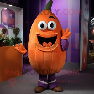 Orange Eggplant mascot costume character dressed with a Sweater and Suspenders