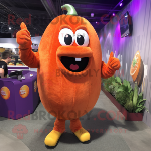 Orange Eggplant mascot costume character dressed with a Sweater and Suspenders