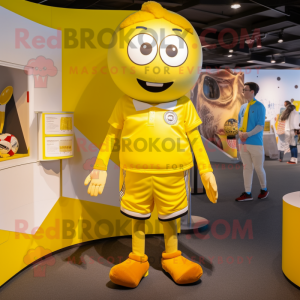 Yellow Soccer Ball mascot costume character dressed with a Playsuit and Ties