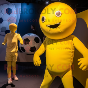 Yellow Soccer Ball mascot costume character dressed with a Playsuit and Ties