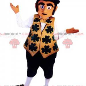 Mascotte Leprechaun con il suo vestito dorato e nero -