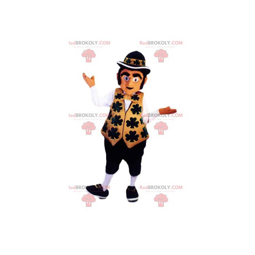 Koboldmaskottchen mit seinem goldenen und schwarzen Outfit -