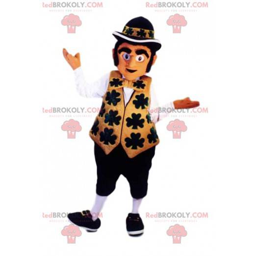 Leprechaun mascotte met zijn gouden en zwarte outfit -