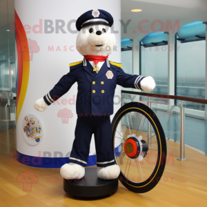 Navy Unicyclist mascot costume character dressed with a Trousers and Brooches