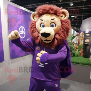 Purple Lion mascot costume character dressed with a Cover-up and Cufflinks