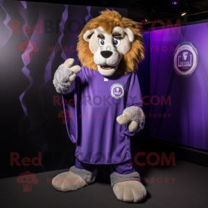 Purple Lion mascot costume character dressed with a Cover-up and Cufflinks