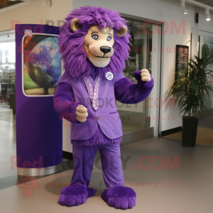 Purple Lion mascot costume character dressed with a Cover-up and Cufflinks