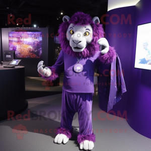 Purple Lion mascot costume character dressed with a Cover-up and Cufflinks