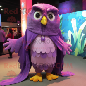 Purple Owl mascot costume character dressed with a Capri Pants and Shawls