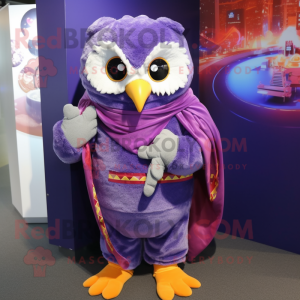 Purple Owl mascot costume character dressed with a Capri Pants and Shawls