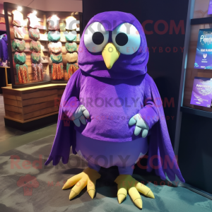 Purple Owl mascot costume character dressed with a Capri Pants and Shawls