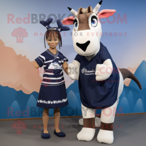 Navy Okapi mascot costume character dressed with a Shift Dress and Hair clips