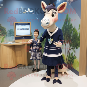 Navy Okapi mascot costume character dressed with a Shift Dress and Hair clips