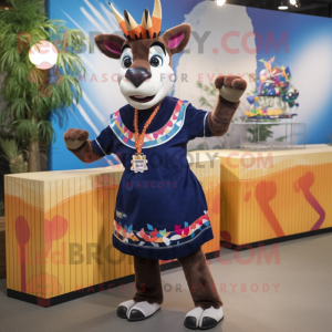 Navy Okapi mascot costume character dressed with a Shift Dress and Hair clips