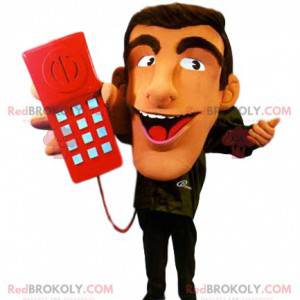 Mascotte vertegenwoordiger met zijn rode telefoon -