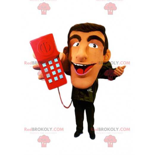 Mascotte vertegenwoordiger met zijn rode telefoon -