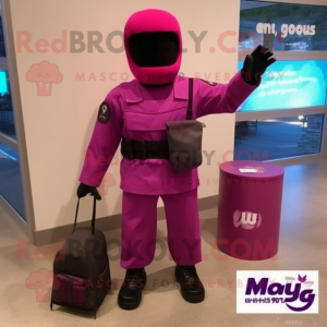 Magenta Gi Joe mascot costume character dressed with a Tank Top and Tote bags