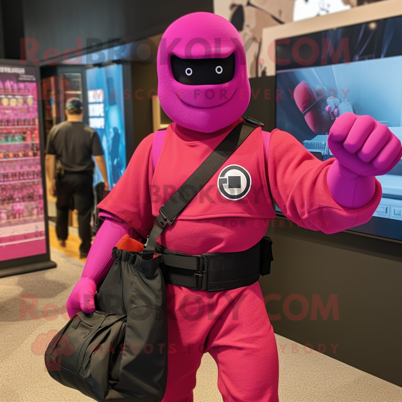 Magenta Gi Joe mascot costume character dressed with a Tank Top and Tote bags Magenta Gi Joe mascot costume character dressed with a Tank Top and Tote bags