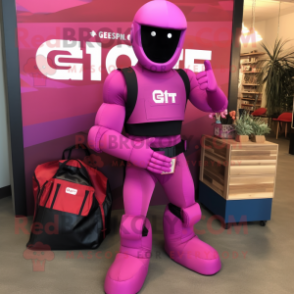 Magenta Gi Joe mascot costume character dressed with a Tank Top and Tote bags