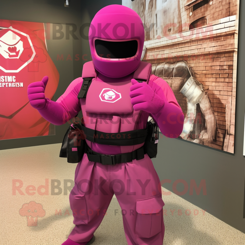 Magenta Gi Joe mascot costume character dressed with a Tank Top and Tote bags Magenta Gi Joe mascot costume character dressed with a Tank Top and Tote bags