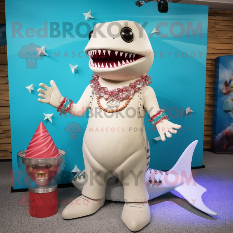 Cream Shark mascot costume character dressed with a Bikini and Necklaces Cream Shark mascot costume character dressed with a Bikini and Necklaces